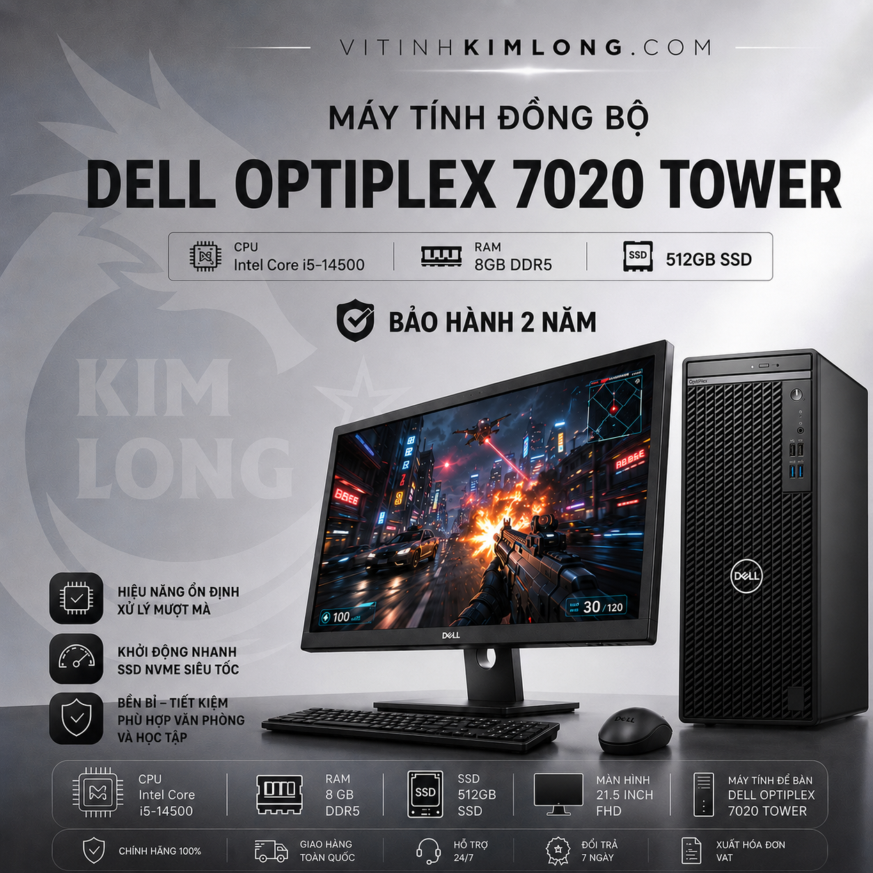 Máy tính bàn Dell OptiPlex Tower (7020) i5-14500,8 GB DDR5,SSD 512GB/PSU 180W,Wi-Fi + Bluetooth,Keyboard and Mouse, Windows 11 Home,2Y Pro_42OT702002